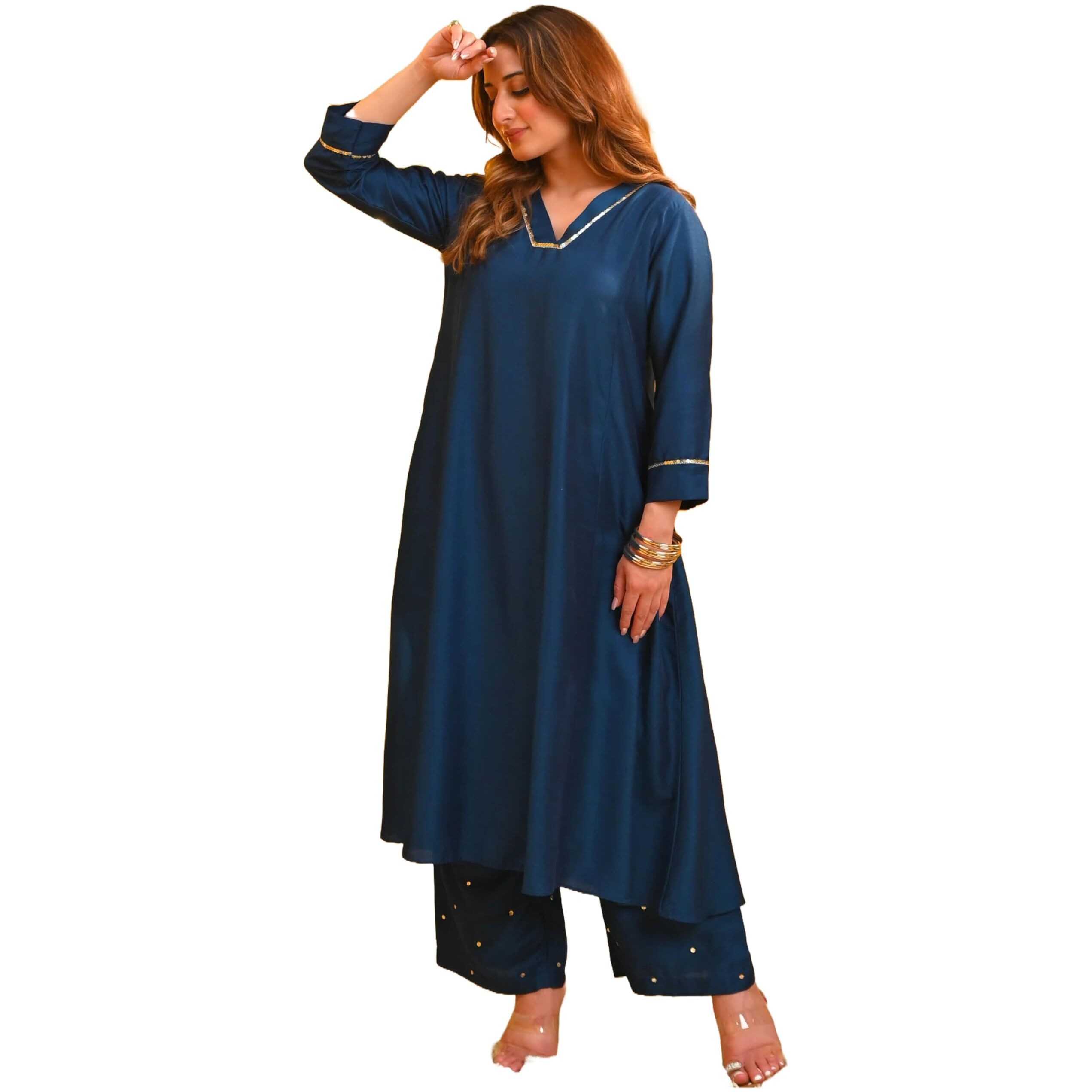 ANNI DESIGNER Women's Rayon Blend Anarkali Solid Kurta with Palazzo (Moroko Kerosin_XL_Blue_X-Large)