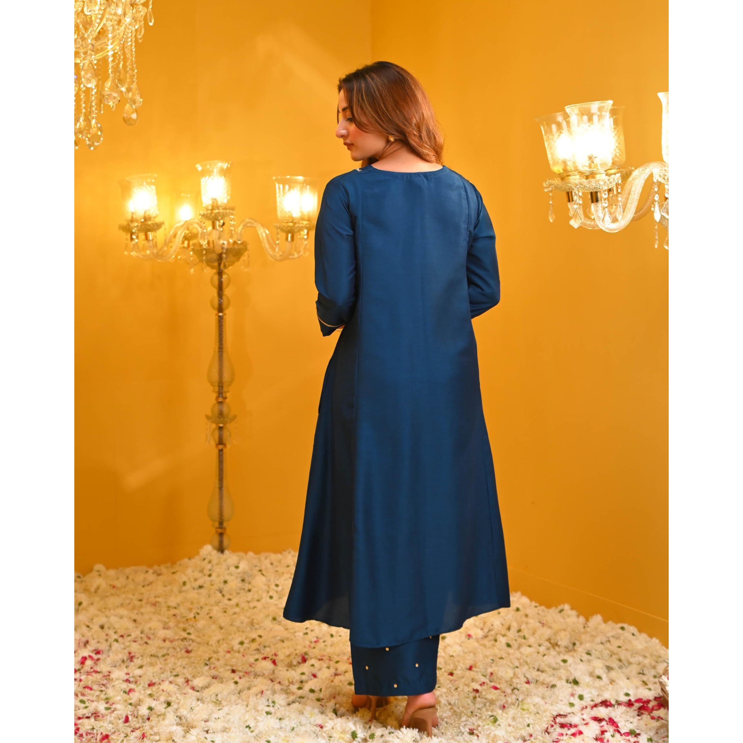 ANNI DESIGNER Women's Rayon Blend Anarkali Solid Kurta with Palazzo (Moroko Kerosin_XL_Blue_X-Large)