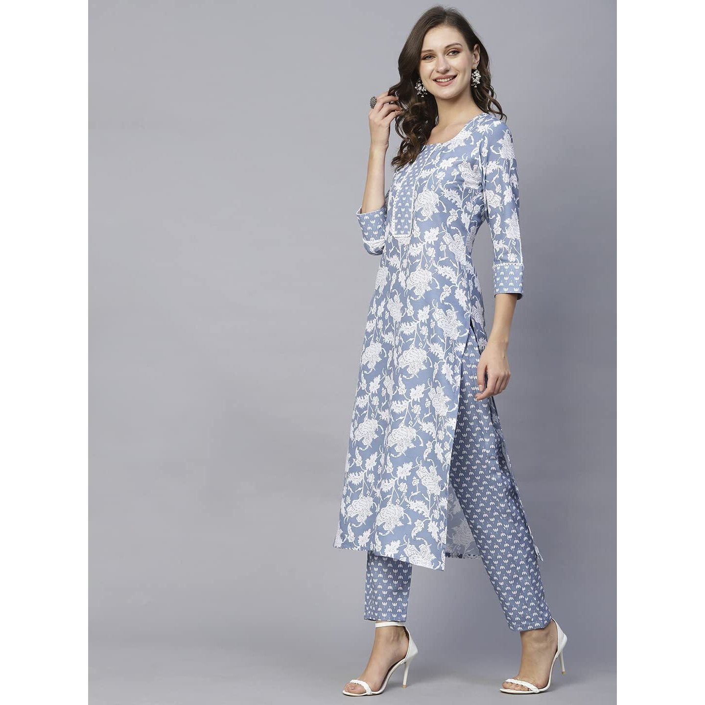 ANNI DESIGNER Women's Cotton Blend Printed Straight Kurta with Pant (Pustak Navy Blue-Nw_S_Navy Blue_Small)