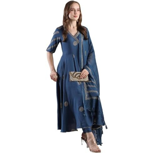 ANNI DESIGNER Women's Rayon Blend Anarkali Printed Kurta with Pant & Dupatta (Berlin KEROSIN-VKS04_XL_Dark Blue_X-Large)