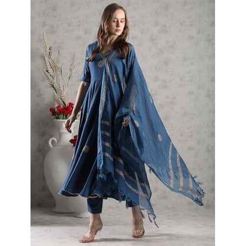 ANNI DESIGNER Women's Rayon Blend Anarkali Printed Kurta with Pant & Dupatta (Berlin KEROSIN-VKS04_XL_Dark Blue_X-Large)