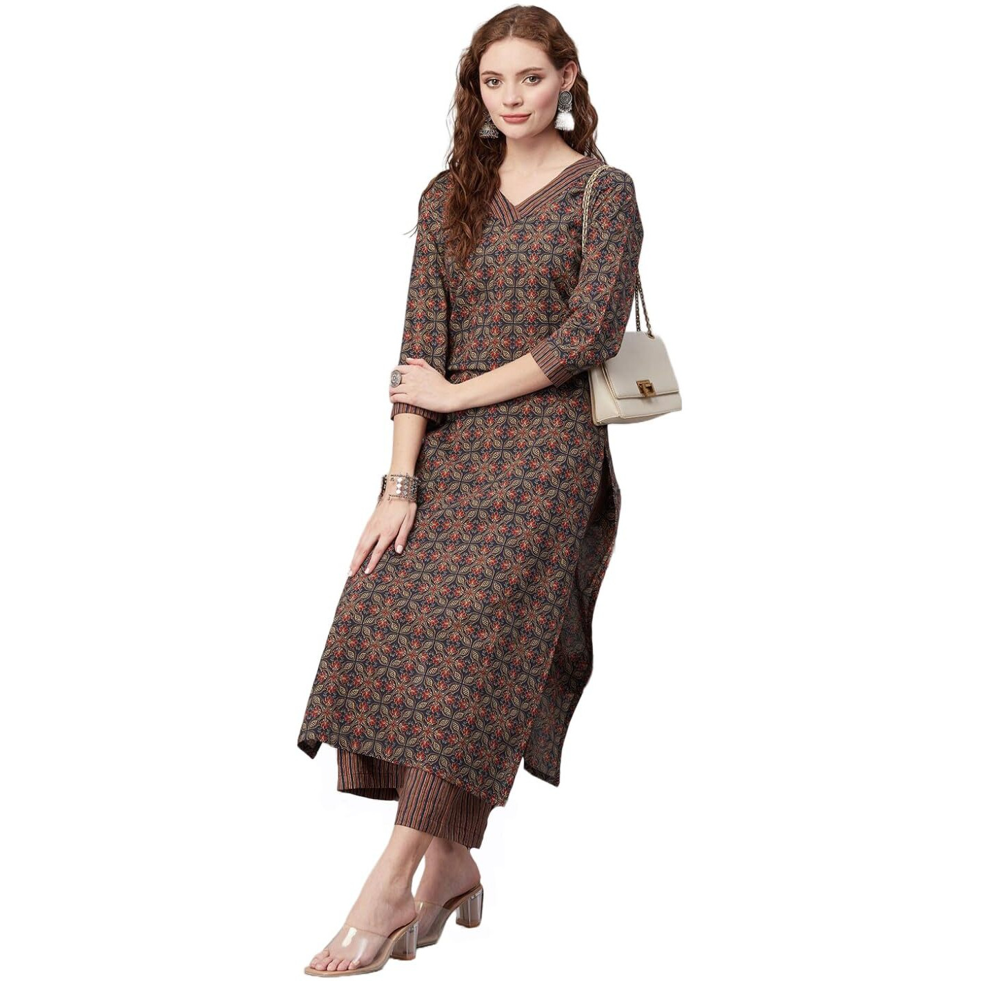 ANNI DESIGNER Women's Cotton Blend Printed Straight Kurta with Pant (Pini Black_XL_Black_X-Large)