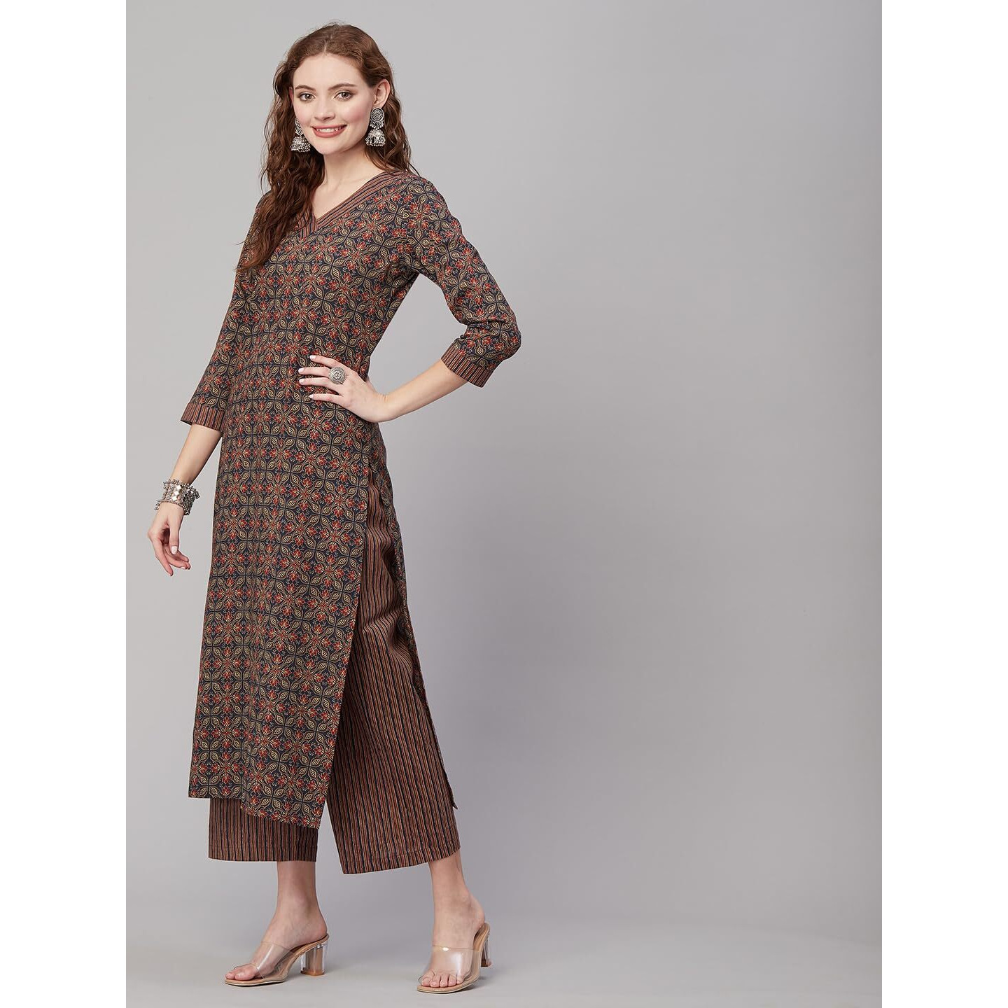 ANNI DESIGNER Women's Cotton Blend Printed Straight Kurta with Pant (Pini Black_XL_Black_X-Large)