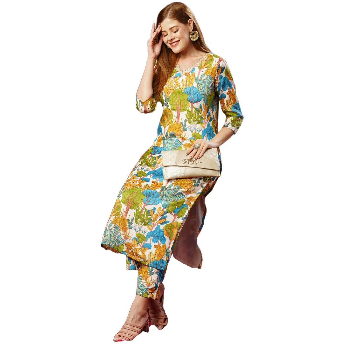 ANNI DESIGNER Women's Cotton Blend Straight Printed Kurta with Pant (Samlok Sky Blue_S_Sky Blue_Small)