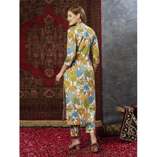 ANNI DESIGNER Women's Cotton Blend Straight Printed Kurta with Pant (Samlok Sky Blue_S_Sky Blue_Small)