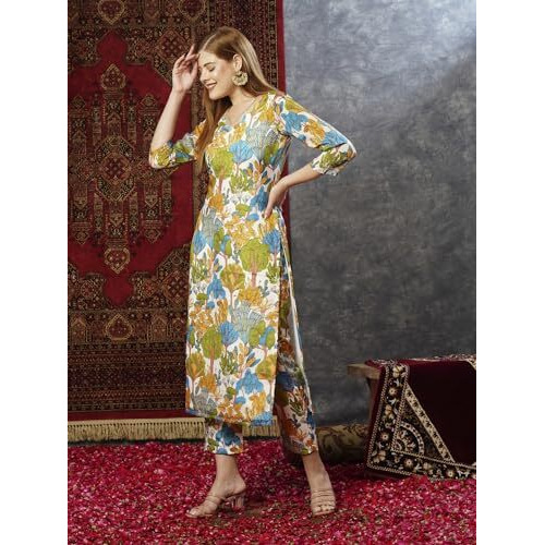 ANNI DESIGNER Women's Cotton Blend Straight Printed Kurta with Pant (Samlok Sky Blue_S_Sky Blue_Small)