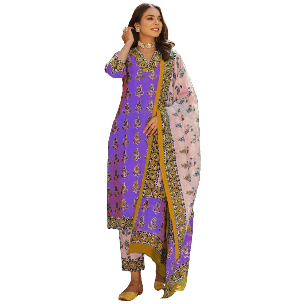 ANNI DESIGNER Women's Rayon Blend Straight Printed Kurta with Pant & Dupatta (Uchiha Purple_XL_Purple_X-Large)