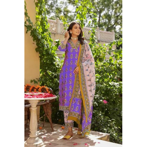 ANNI DESIGNER Women's Rayon Blend Straight Printed Kurta with Pant & Dupatta (Uchiha Purple_XL_Purple_X-Large)