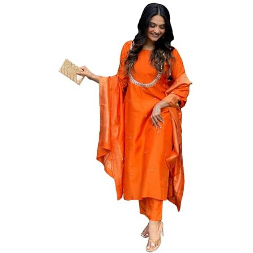 ANNI DESIGNER Women's Silk Blend Straight Embroidered Kurta with Pant & Dupatta (Deluxe ORANGE-VKS01_XL_Orange_X-Large)