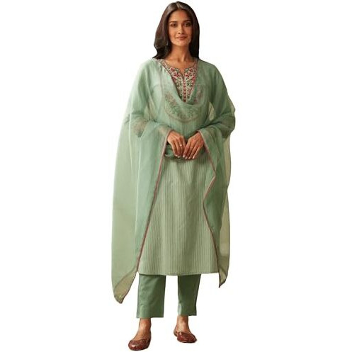 ANNI DESIGNER Women's Cotton Blend Embroidered Straight Kurta with Pant & Dupatta (FARIGUP-Green-NW_L_Green_Large)