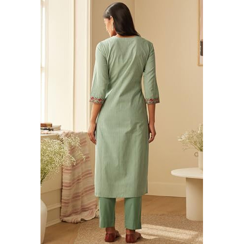 ANNI DESIGNER Women's Cotton Blend Embroidered Straight Kurta with Pant & Dupatta (FARIGUP-Green-NW_L_Green_Large)