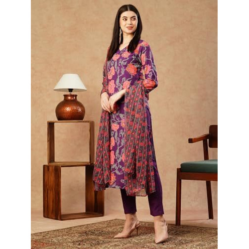 ANNI DESIGNER Women's Cotton Blend Straight Printed Kurta with Pant & Dupatta (Fataki Purple_M_Purple_Medium)