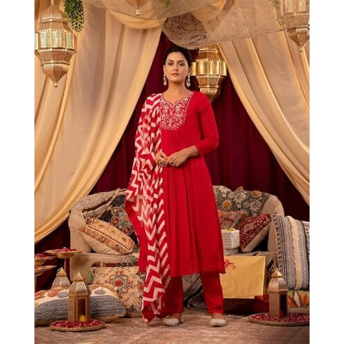 ANNI DESIGNER Women's Rayon Blend Anarkali Embroidered Kurta with Pant & Dupatta (VARALAXMI RED_XXL_Red_XX-Large)
