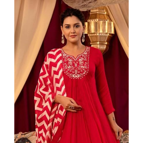 ANNI DESIGNER Women's Rayon Blend Anarkali Embroidered Kurta with Pant & Dupatta (VARALAXMI RED_XXL_Red_XX-Large)