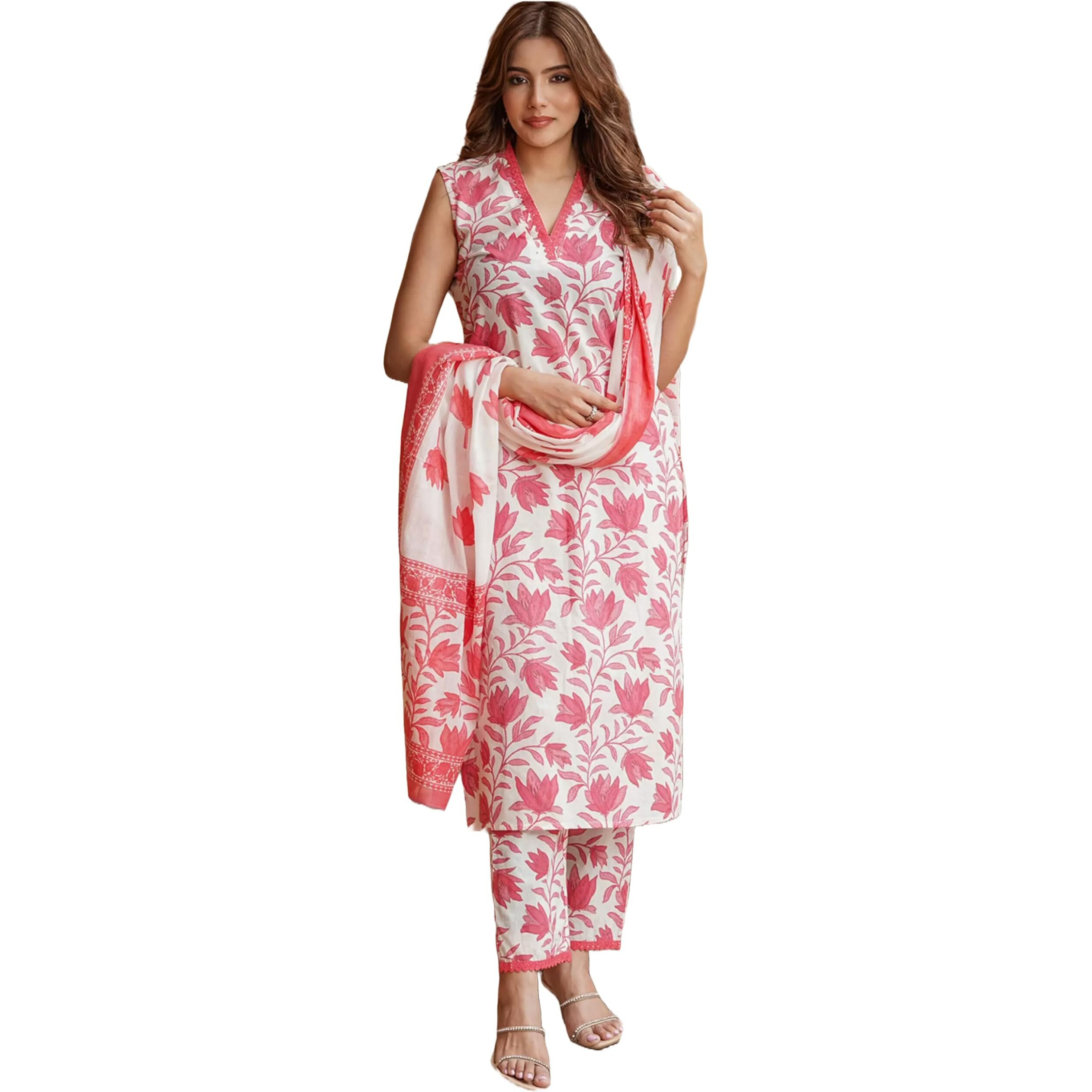 ANNI DESIGNER Women's Cotton Blend Printed Straight Kurta with Pant & Dupatta (Root Pink_S_Pink_Small)