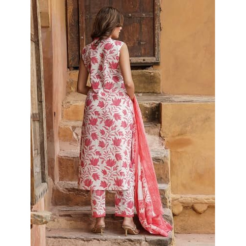 ANNI DESIGNER Women's Cotton Blend Printed Straight Kurta with Pant & Dupatta (Root Pink_S_Pink_Small)