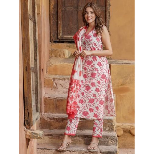 ANNI DESIGNER Women's Cotton Blend Printed Straight Kurta with Pant & Dupatta (Root Pink_S_Pink_Small)