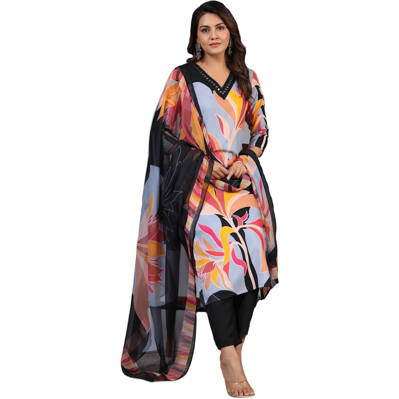 ANNI DESIGNER Women's Rayon Blend Printed Straight Kurta with Pant & Dupatta (KHISSU Black_S_Black_Small)