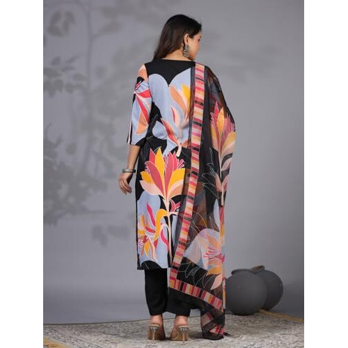 ANNI DESIGNER Women's Rayon Blend Printed Straight Kurta with Pant & Dupatta (KHISSU Black_S_Black_Small)