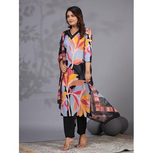 ANNI DESIGNER Women's Rayon Blend Printed Straight Kurta with Pant & Dupatta (KHISSU Black_S_Black_Small)
