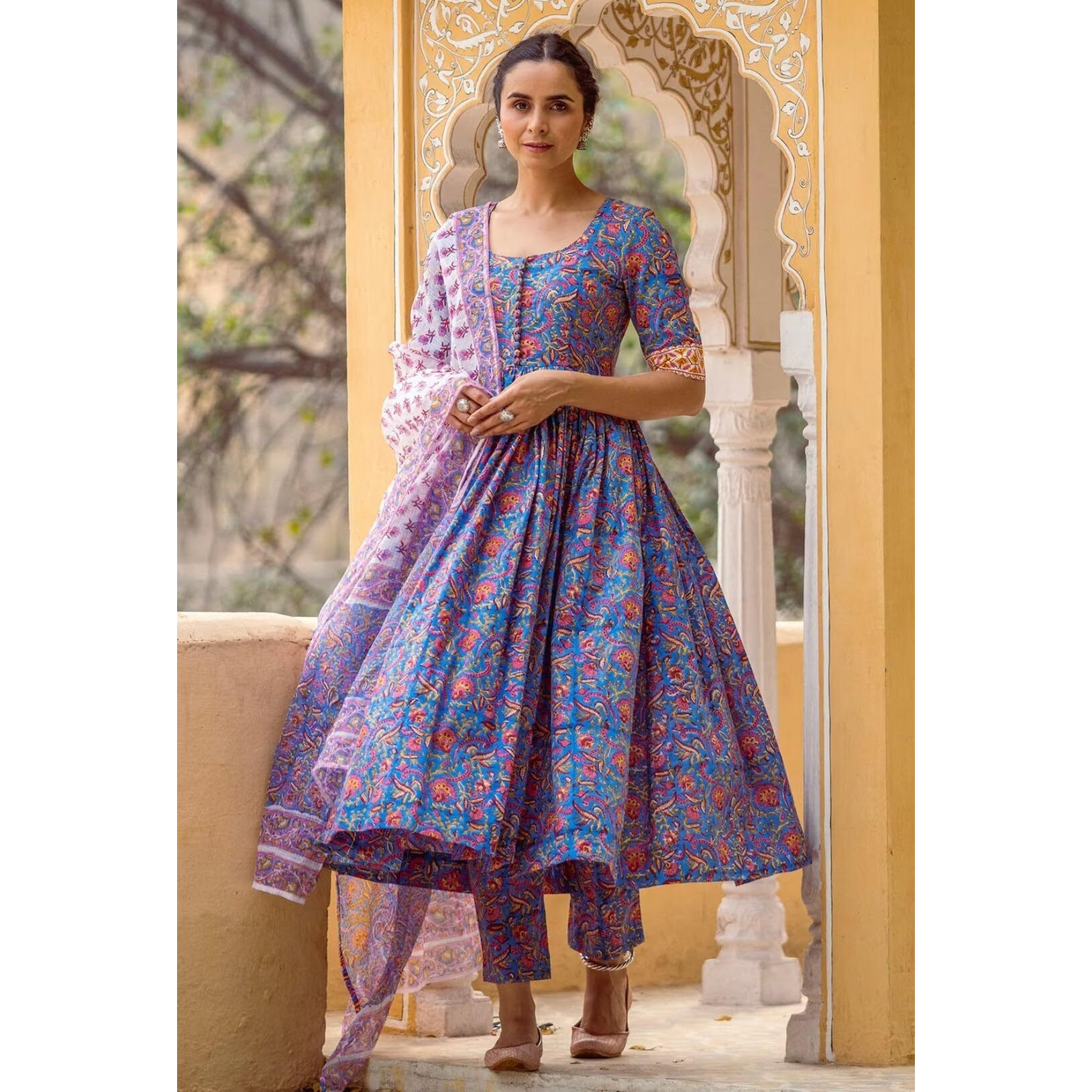ANNI DESIGNER Women's Rayon Blend Printed Anarkali Kurta with Pant & Dupatta (MYTEE Multi_XXL_Multicolor_XX-Large)