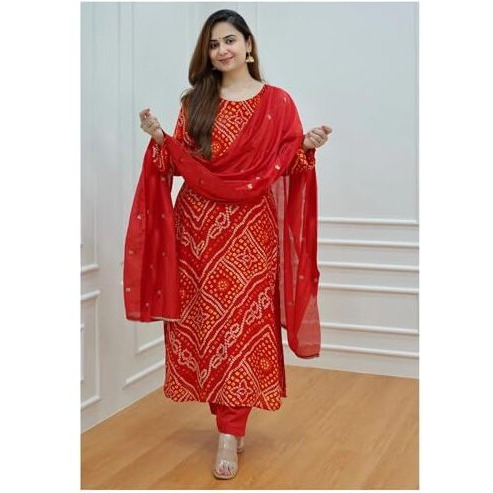 ANNI DESIGNER Women's Rayon Blend Straight Bandhani Printed Kurta with Pant & Dupatta (Nagwar Red_S_Red_Small)