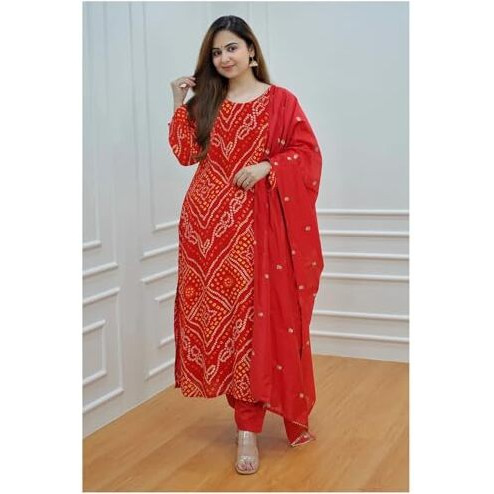 ANNI DESIGNER Women's Rayon Blend Straight Bandhani Printed Kurta with Pant & Dupatta (Nagwar Red_S_Red_Small)