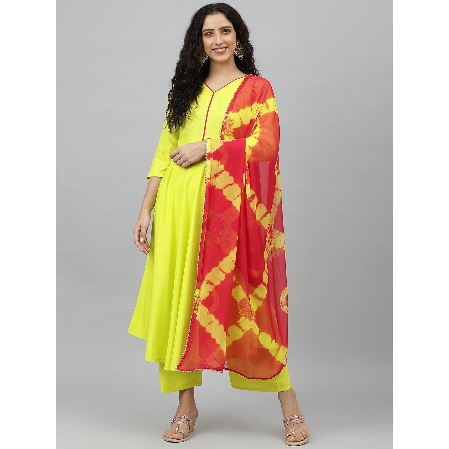 ANNI DESIGNER Women's Cotton Blend Printed Anarkali Kurta, Pant & Dupatta (Punji New Yellow_XL_Yellow_X-Large)