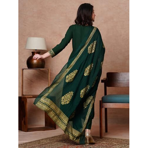 ANNI DESIGNER Women's Rayon Blend Solid Anarkali Kurta with Pant & Dupatta (Magic-Green-NB_S_Green_Small)