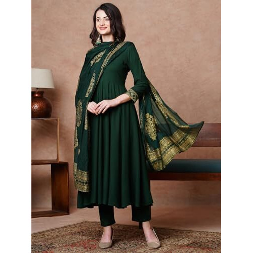 ANNI DESIGNER Women's Rayon Blend Solid Anarkali Kurta with Pant & Dupatta (Magic-Green-NB_S_Green_Small)