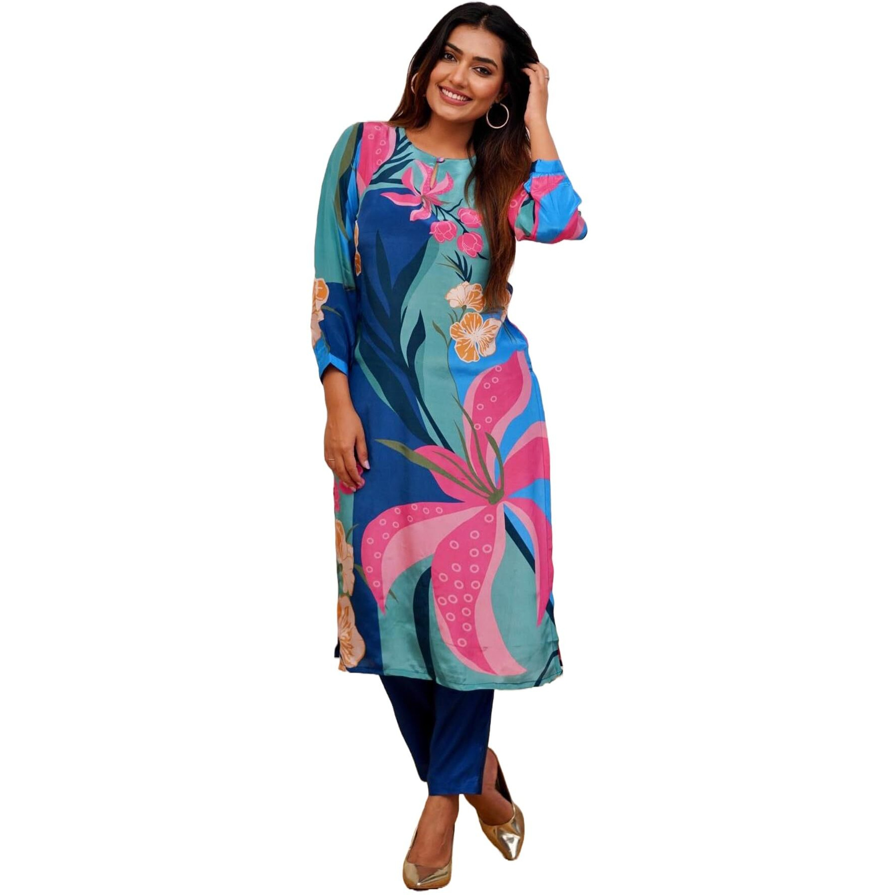 ANNI DESIGNER Women's Cotton Blend Straight Printed Co-Ord Set (YUP Blue Co-ord_S_Blue_Small)