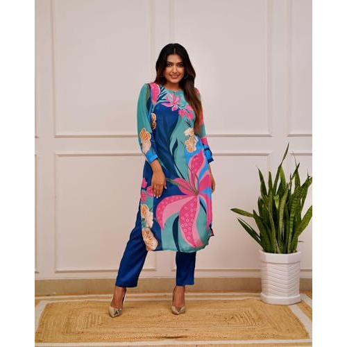 ANNI DESIGNER Women's Cotton Blend Straight Printed Co-Ord Set (YUP Blue Co-ord_S_Blue_Small)