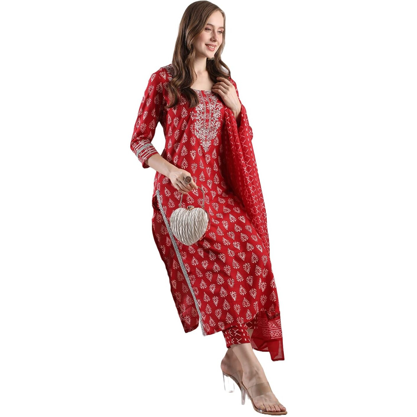 ANNI DESIGNER Women's Rayon Blend Straight Printed Kurta with Pant & Dupatta (MAASA RED-VKS02_L_Red_Large)