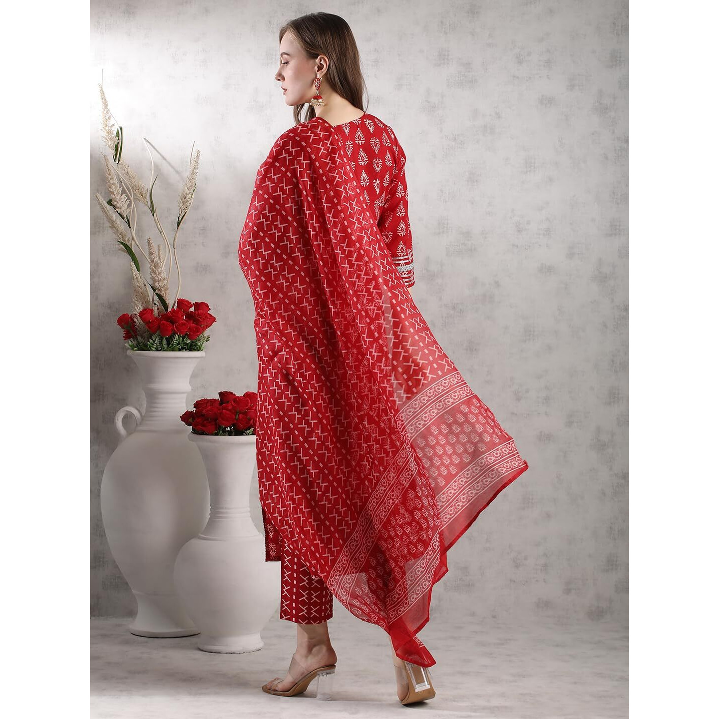 ANNI DESIGNER Women's Rayon Blend Straight Printed Kurta with Pant & Dupatta (MAASA RED-VKS02_L_Red_Large)