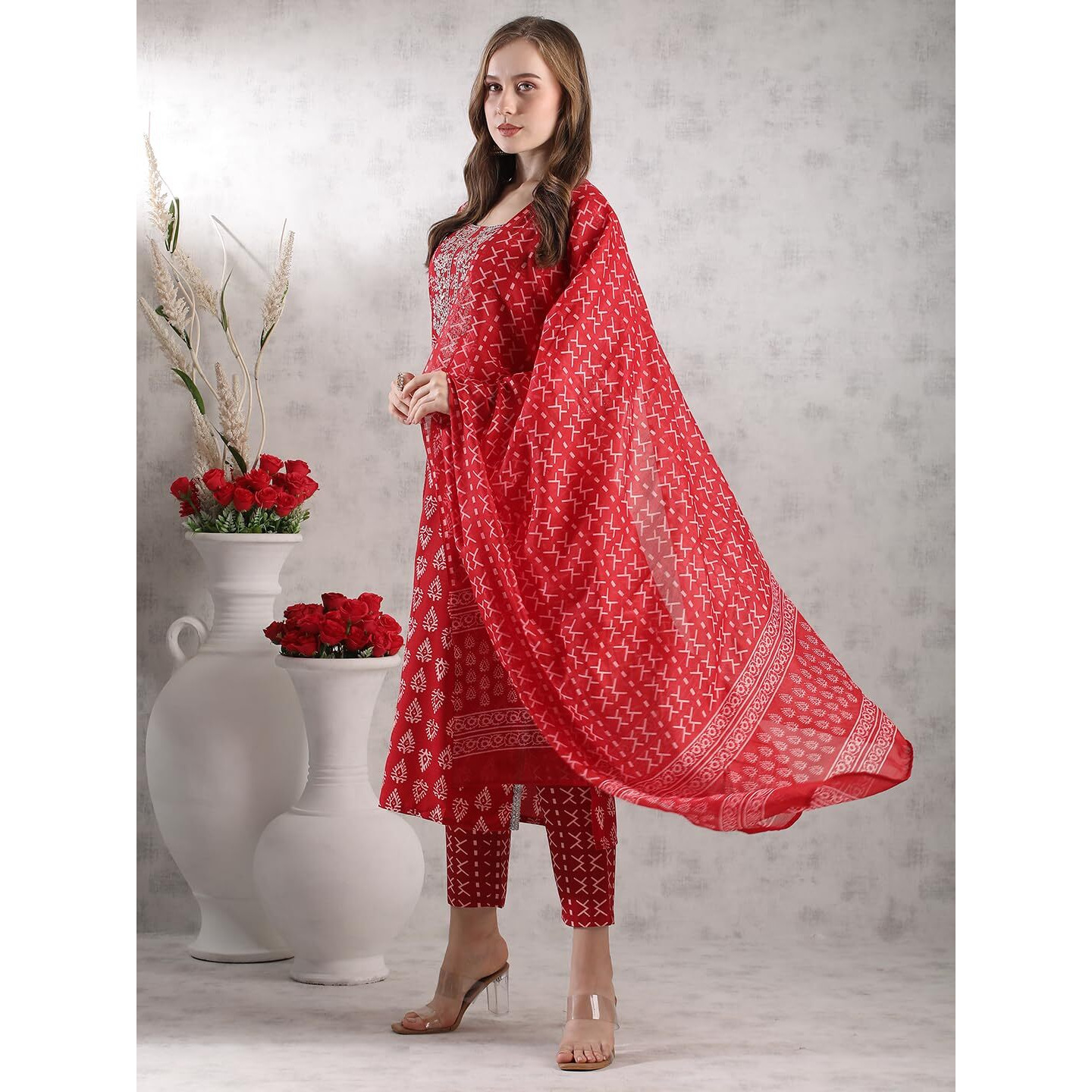 ANNI DESIGNER Women's Rayon Blend Straight Printed Kurta with Pant & Dupatta (MAASA RED-VKS02_L_Red_Large)