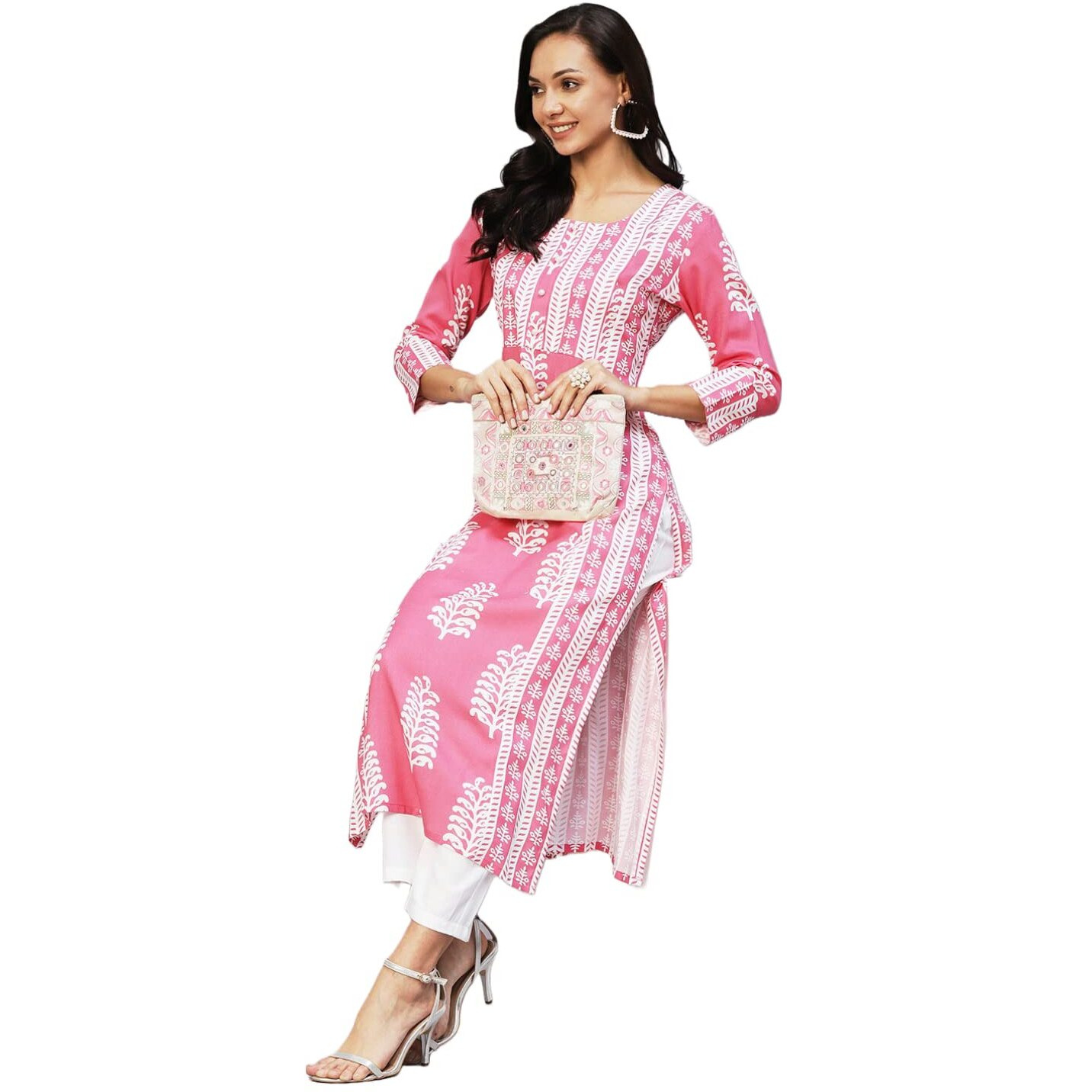 ANNI DESIGNER Women's Rayon Printed Straight Kurta (Oni101 White-Nw_M_Pink_Medium)