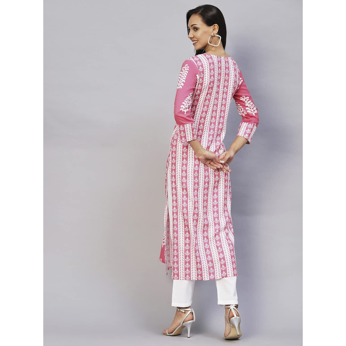 ANNI DESIGNER Women's Rayon Printed Straight Kurta (Oni101 White-Nw_M_Pink_Medium)
