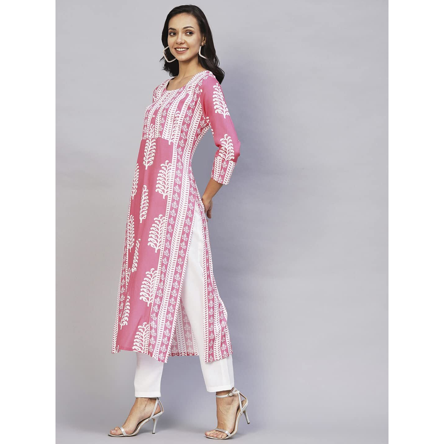 ANNI DESIGNER Women's Rayon Printed Straight Kurta (Oni101 White-Nw_M_Pink_Medium)