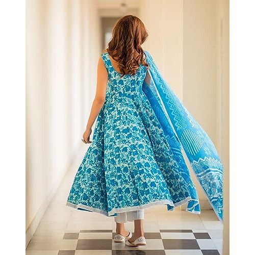 ANNI DESIGNER Women's Cotton Blend Anarkali Printed Kurta with Pant & Dupatta (Kalishta Sky Blue_M_Sky Blue_Medium)