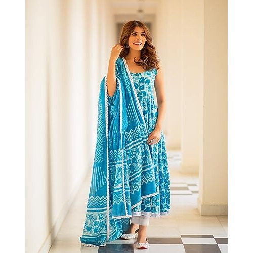 ANNI DESIGNER Women's Cotton Blend Anarkali Printed Kurta with Pant & Dupatta (Kalishta Sky Blue_M_Sky Blue_Medium)