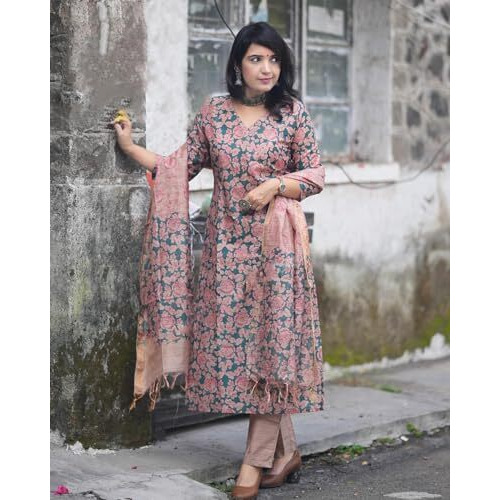 ANNI DESIGNER Women's Cotton Blend Printed Straight Kurta with Pant & Dupatta (Moringa Green-JL_L_Green_Large)