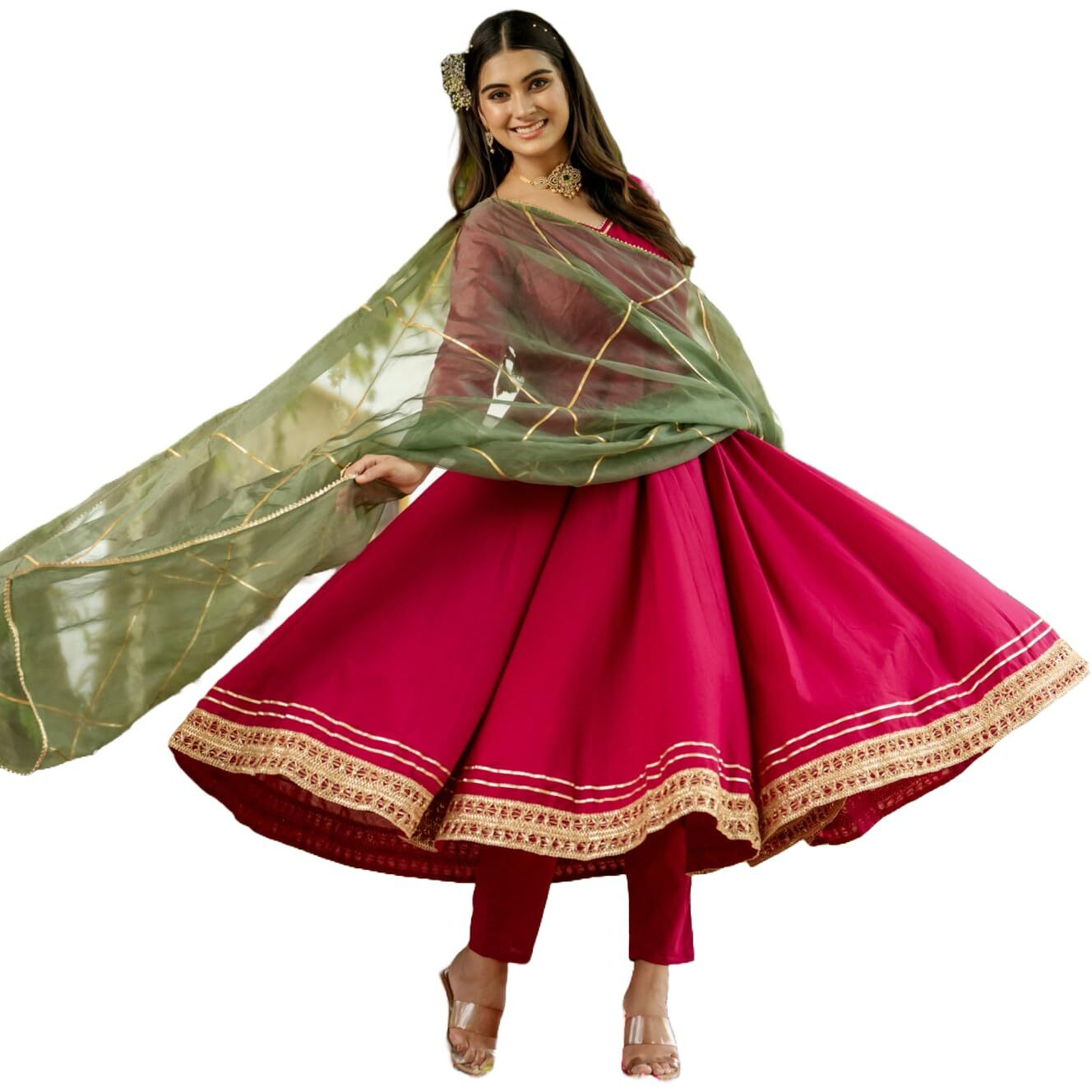 ANNI DESIGNER Women's Rayon Blend Solid Anarkali Kurta with Pant & Dupatta (SAMDA Rani_XL_Pink_X-Large)