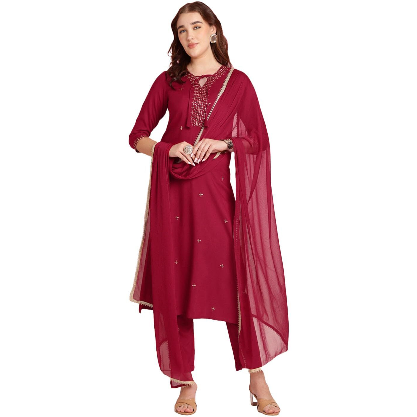 ANNI DESIGNER Women's Rayon Blend Embroidered Straight Kurta with Pant & Dupatta (RAMDHANI Maroon_L_Maroon_Large)