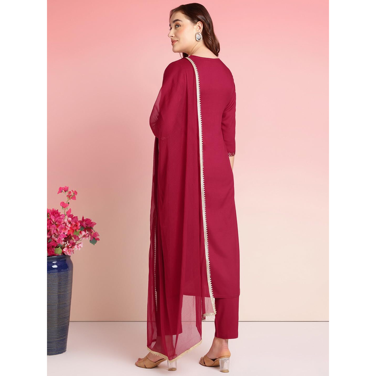 ANNI DESIGNER Women's Rayon Blend Embroidered Straight Kurta with Pant & Dupatta (RAMDHANI Maroon_L_Maroon_Large)
