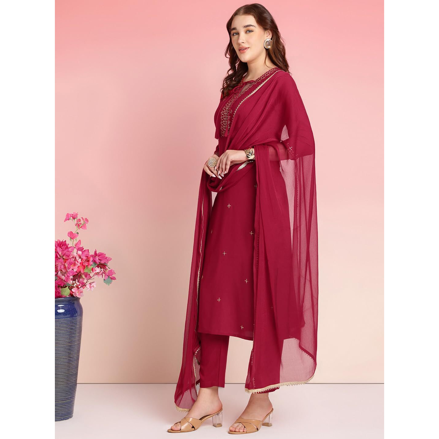ANNI DESIGNER Women's Rayon Blend Embroidered Straight Kurta with Pant & Dupatta (RAMDHANI Maroon_L_Maroon_Large)