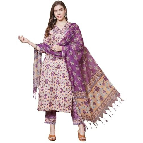ANNI DESIGNER Women's Rayon Blend Straight Printed Kurta with Pant & Dupatta (Madhu YELLOW-VKS02_S_Yellow_Small)