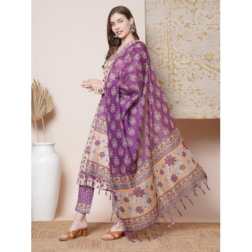 ANNI DESIGNER Women's Rayon Blend Straight Printed Kurta with Pant & Dupatta (Madhu YELLOW-VKS02_S_Yellow_Small)