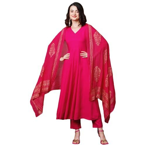 ANNI DESIGNER Women's Rayon Blend Solid Anarkali Kurta with Pant & Dupatta (Magic-Pink-NB_S_Pink_Small)