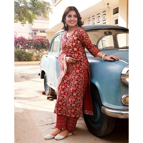 ANNI DESIGNER Women's Cotton Blend Straight Printed Kurta with Pant & Dupatta (JA Gadi Red-NW_M_Blue_Medium)