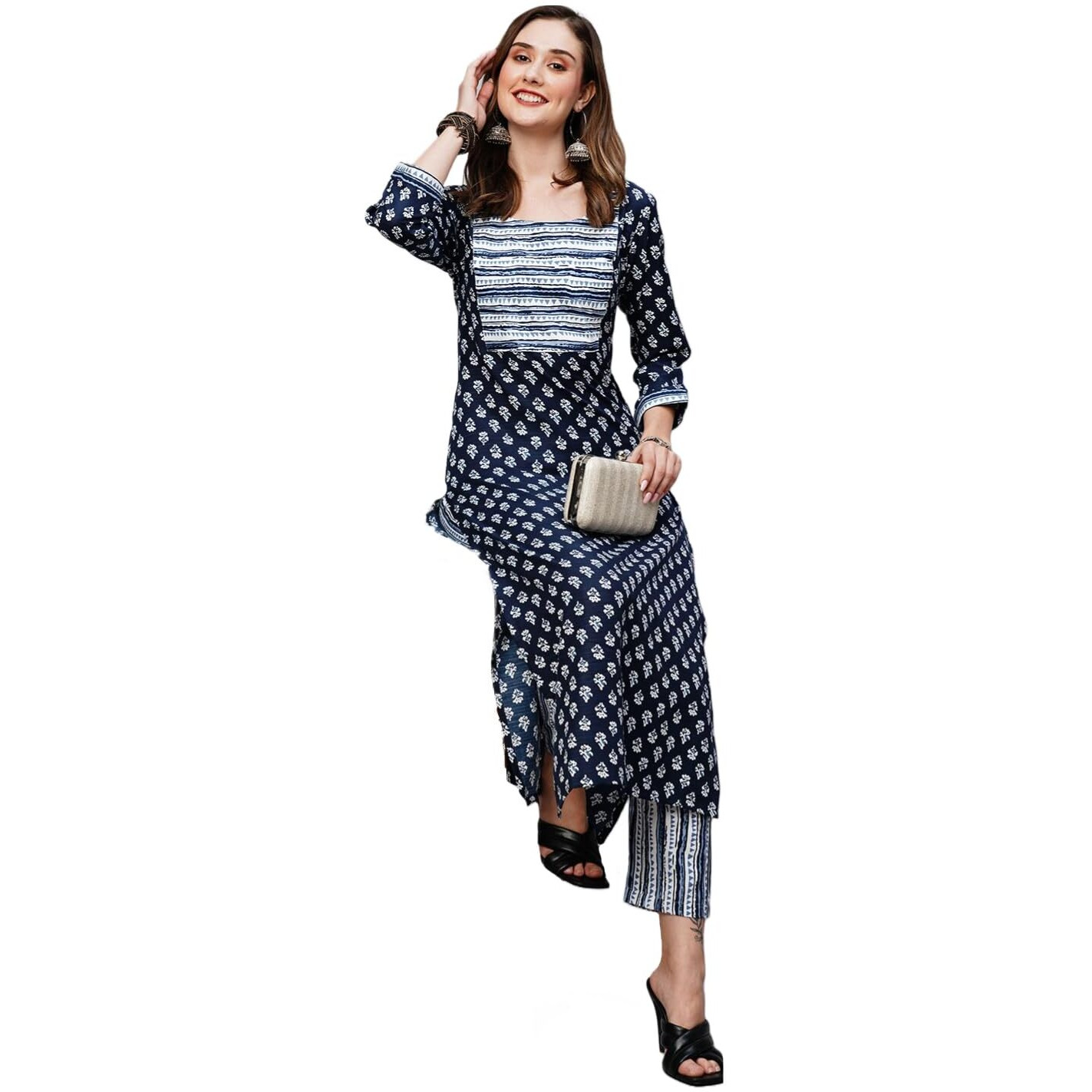 ANNI DESIGNER Women's Cotton Blend Staright Printed Kurta with Pant (Kuhoo Blue-KNW_M_Blue_Medium)